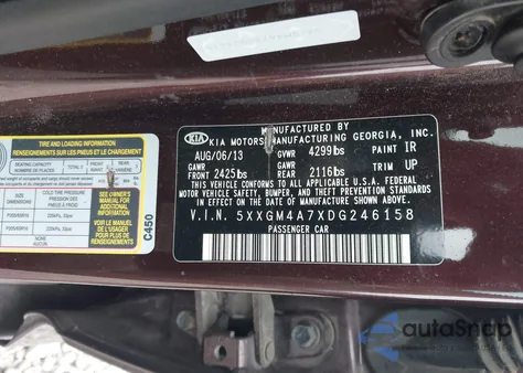 2013 Kia Optima Lx from USA, damaged, VIN 5XXGM4A7XDG246158